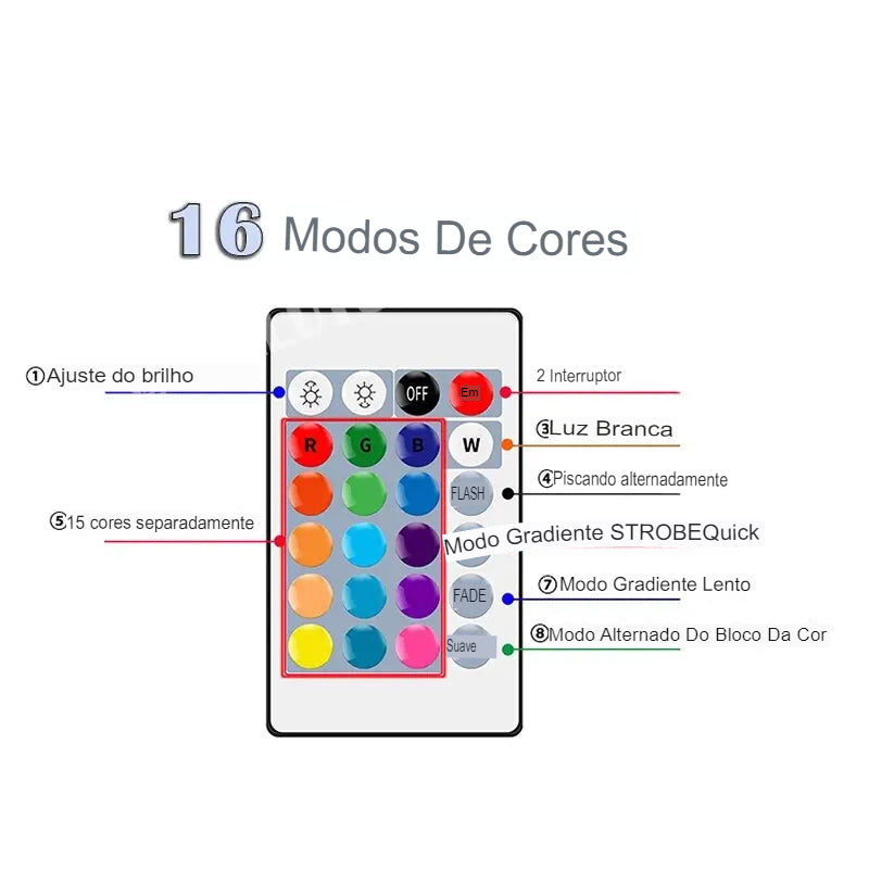 Lâmpada LED RGB Com 16 Cores de Controle Remoto